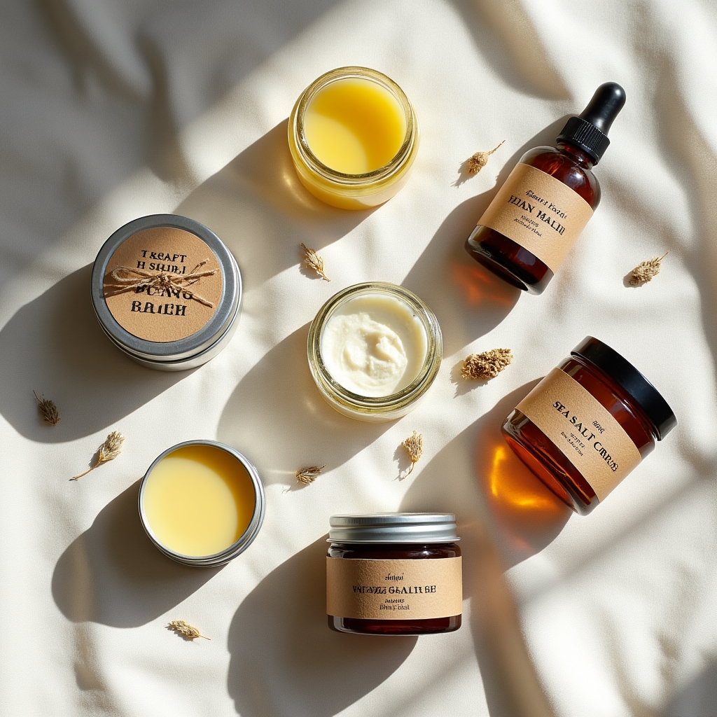 Productos cosméticos naturales terminados y etiquetados sobre superficie blanca
